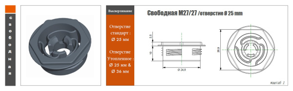 QUICK-FIT клипса "Свободная" M27 с резьбой под отверстие  Ø 24,8мм, черная